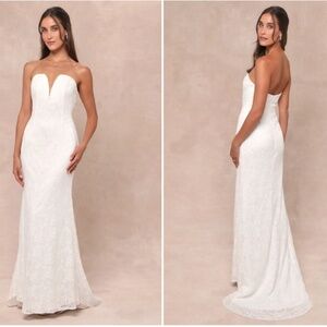 LULU's Sexy Bridal Wedding Chic Elegant Lace Bustier Sophisticated Maxi Gown